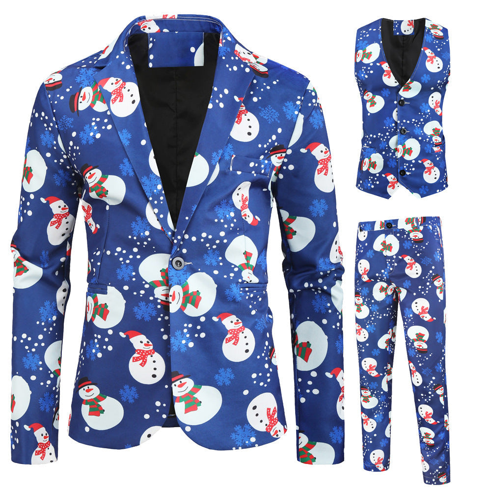 Christmas blue men's Blazer suits Santa 3D print trousers with vest - Ciclove