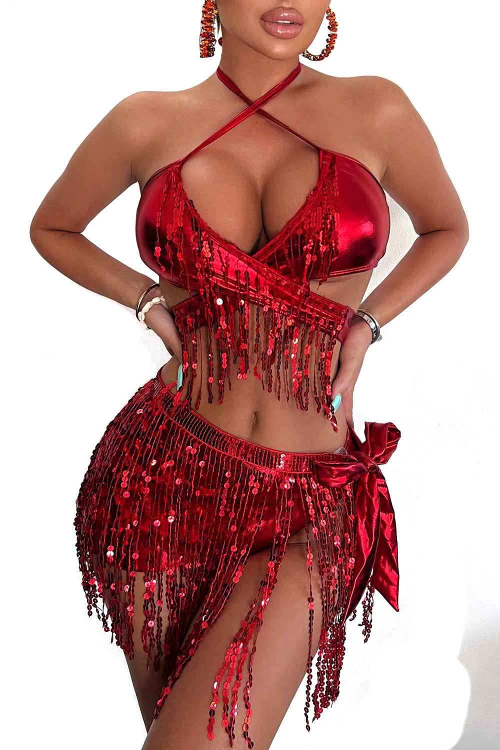 Two-Piece Swimsuit Three-Piece Set Flash Fabric Tassel Bikini