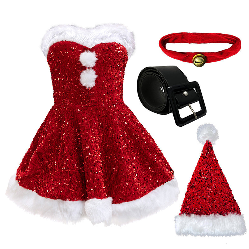 Women Christmas Dress Costume Sequin Santa Cosplay Outfits - Ciclove