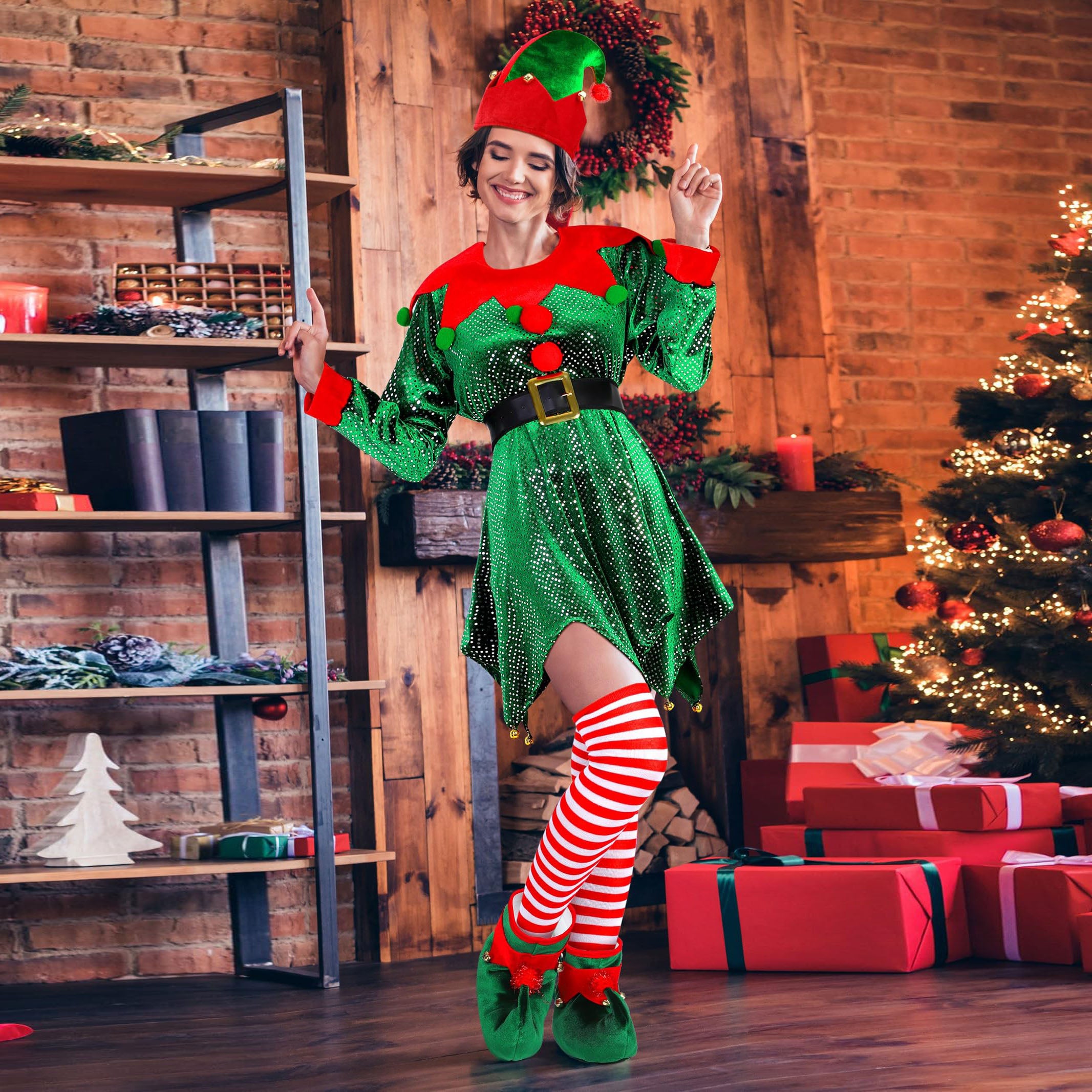 Women Christmas Elf Costume Dress 5pcs Set - Ciclove