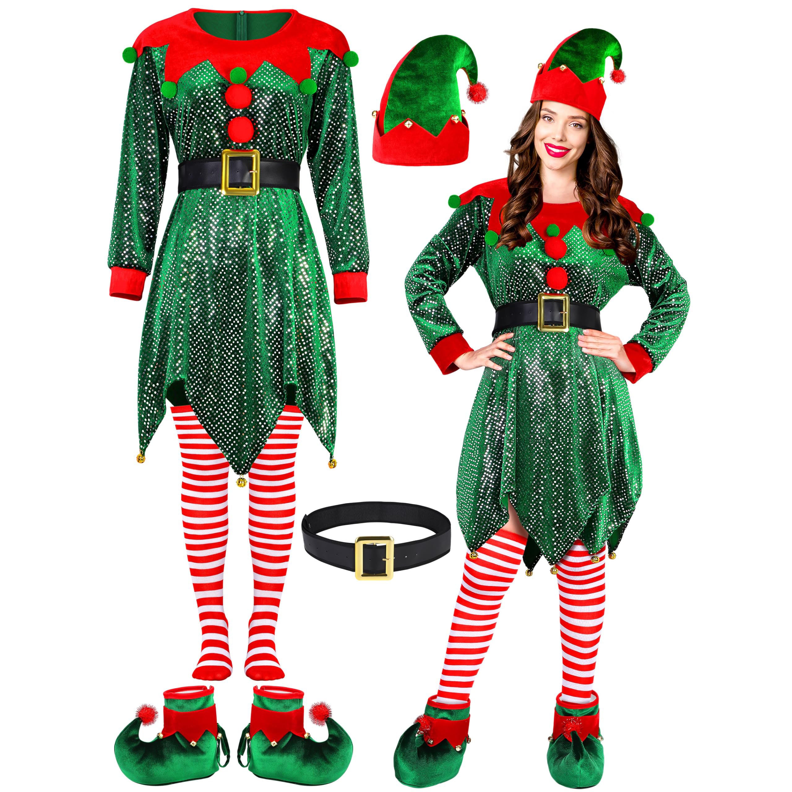 Women Christmas Elf Costume Dress 5pcs Set - Ciclove