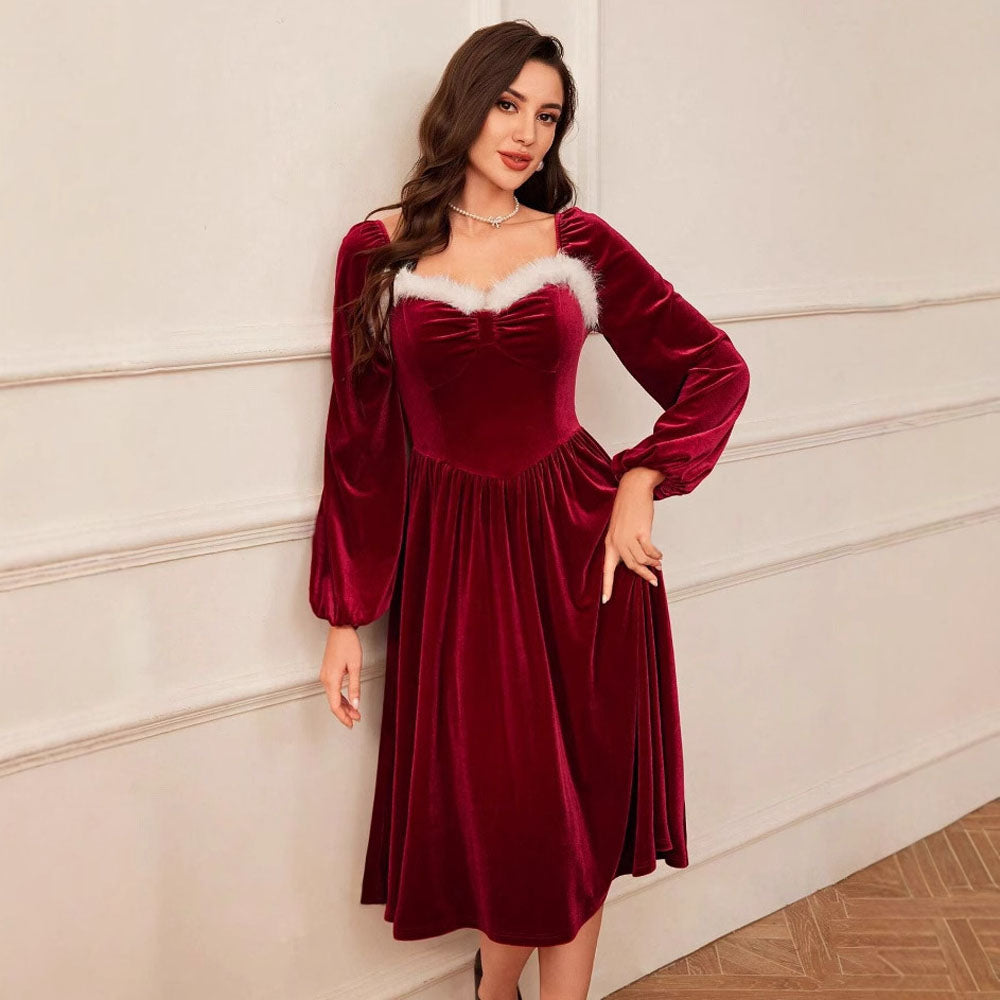 Women's Vintage Elegant Christmas Party Cocktail Long Sleeve Red Dress - Ciclove