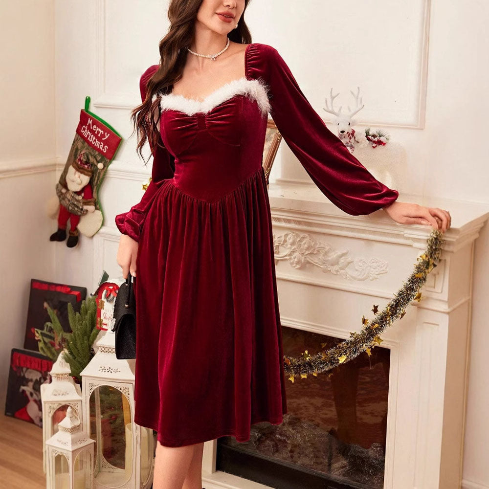 Women's Vintage Elegant Christmas Party Cocktail Long Sleeve Red Dress - Ciclove