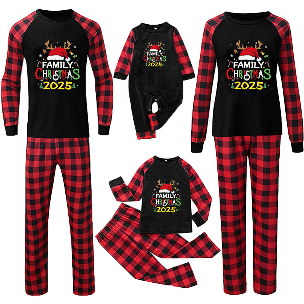 Family Matching Pajamas Christmas Hat Letter Red Black Checkered print Sets - Ciclove