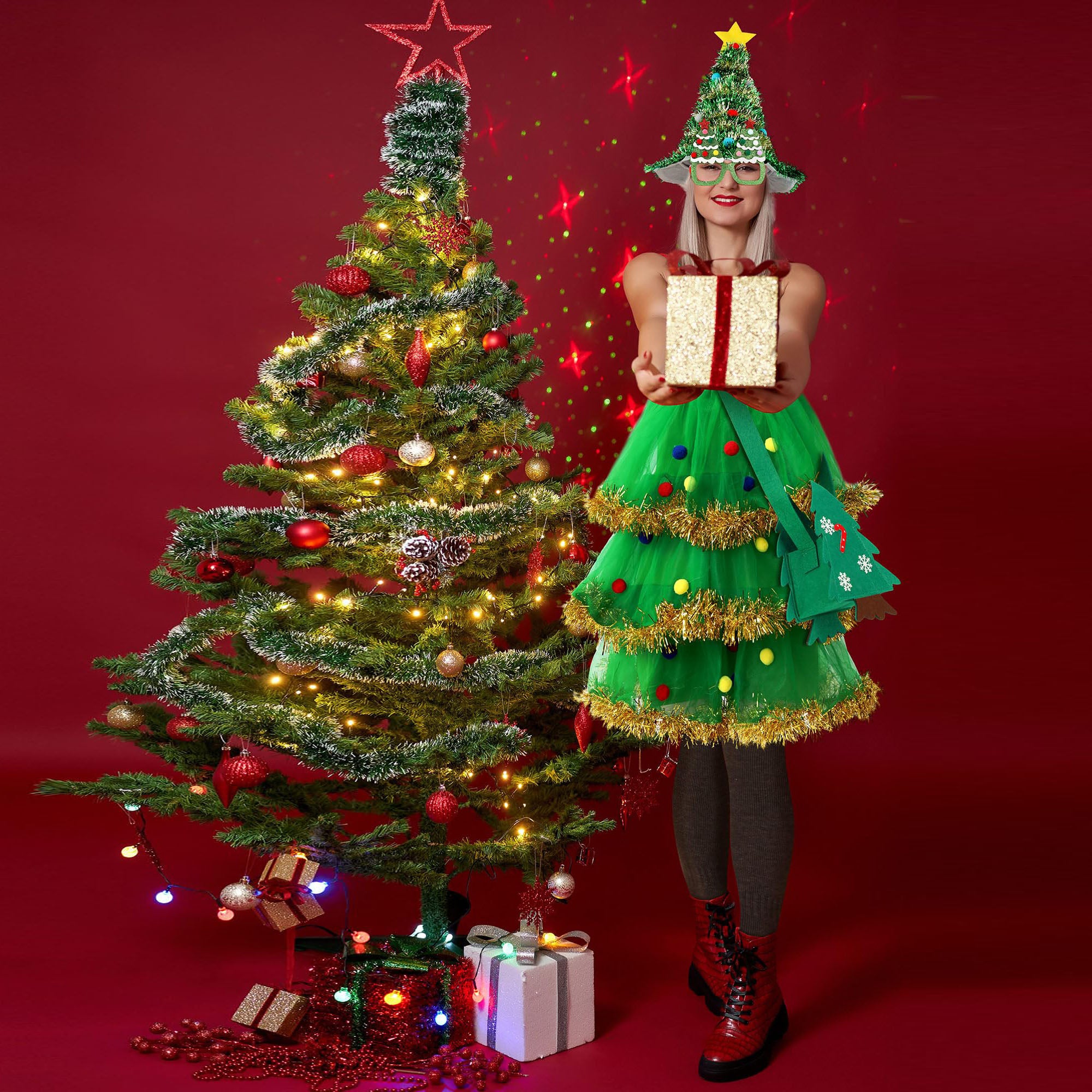 Women 7 Pcs Christmas Tree Costume Set Outfit Dress - Ciclove
