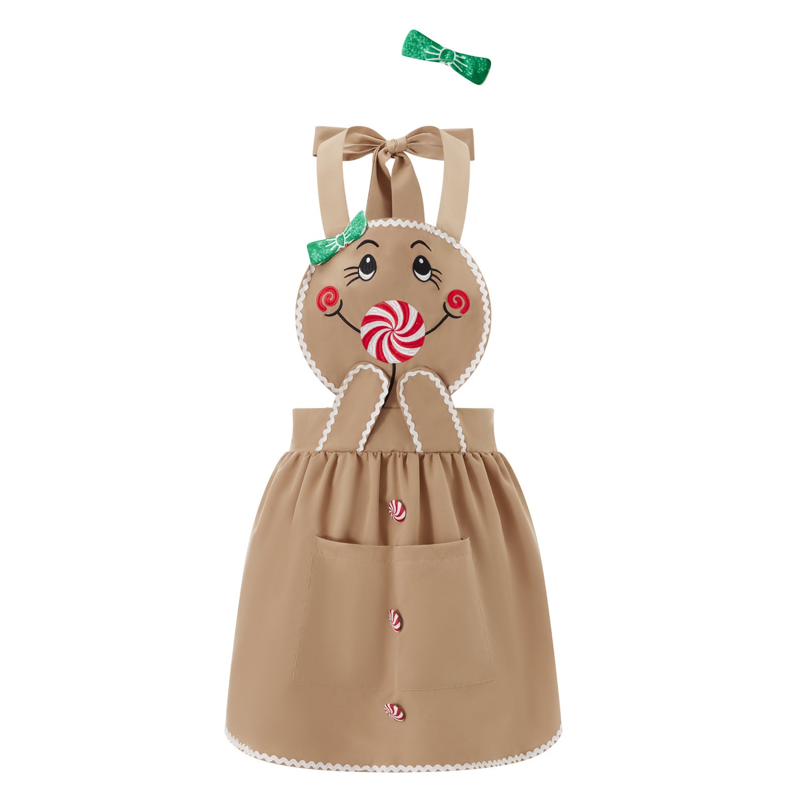Christmas 1940s Gingerbread Cookie Lollipop Bow Apron Brown Dress - Ciclove