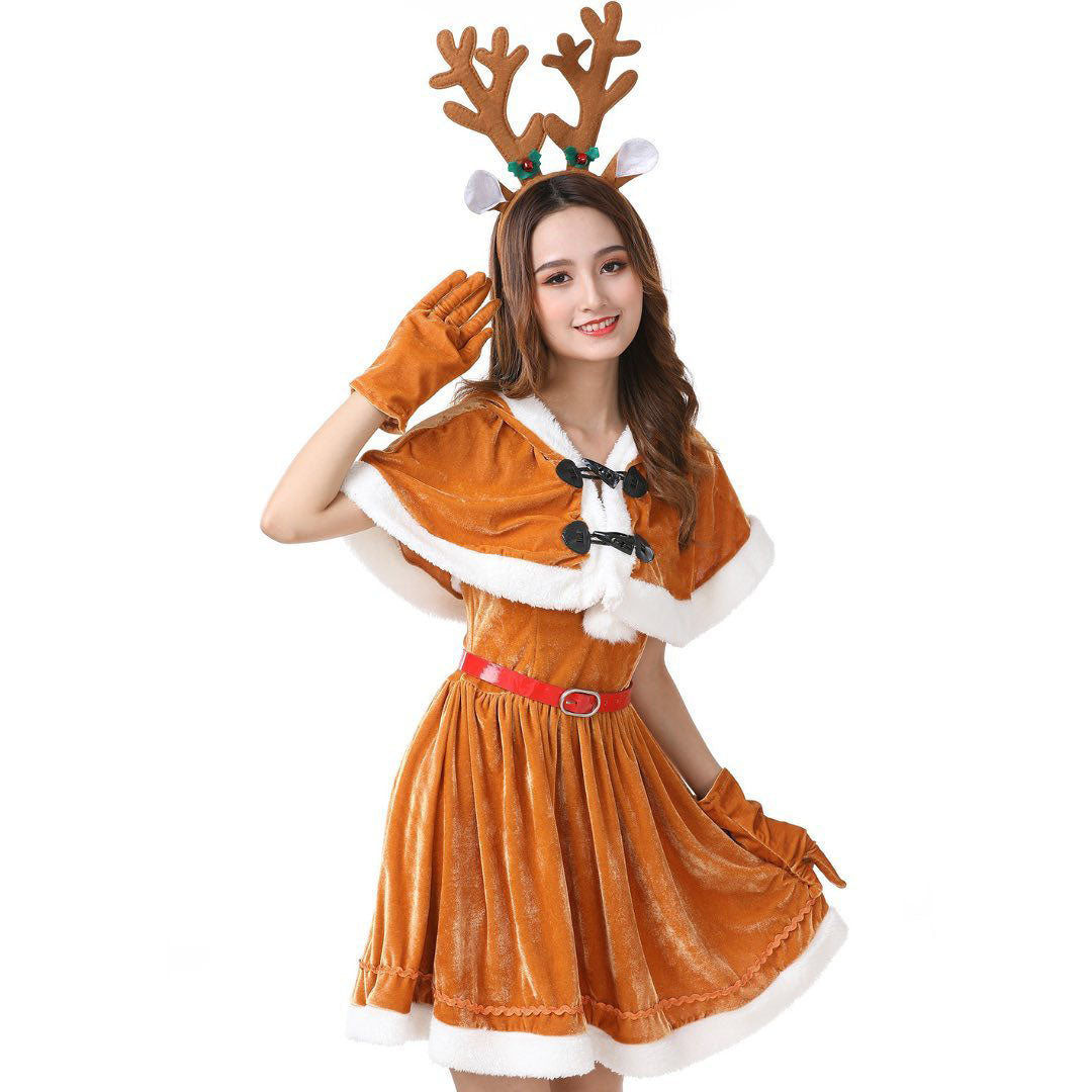 Christmas Brown 1940s Costumes Moose Cape & Velvet Dress 5PCS - Ciclove