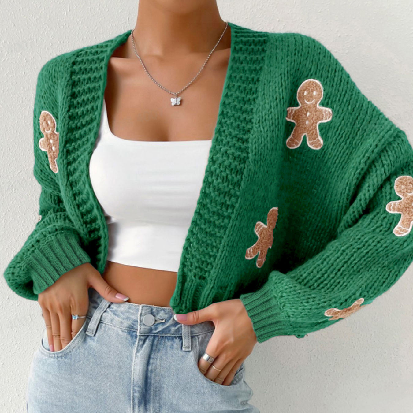 Brown 1960s Gingerbread Cropped Ugly Christmas Sweater Cardigan - Ciclove