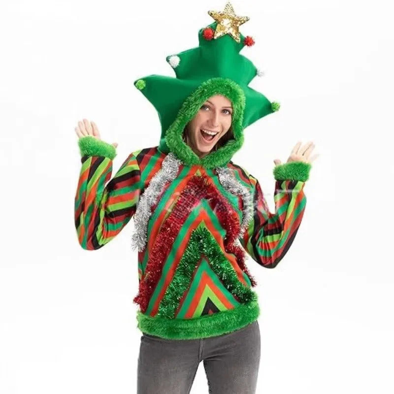 1970s Colorful Ugly Christmas Sweaters Tree 3D Embellished Hoodie - Ciclove
