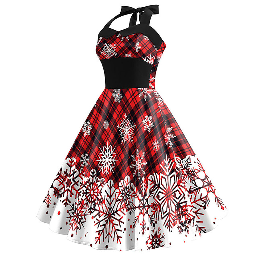 Christmas Black 1950s Snowflake Print Halter Swing Dress - Ciclove