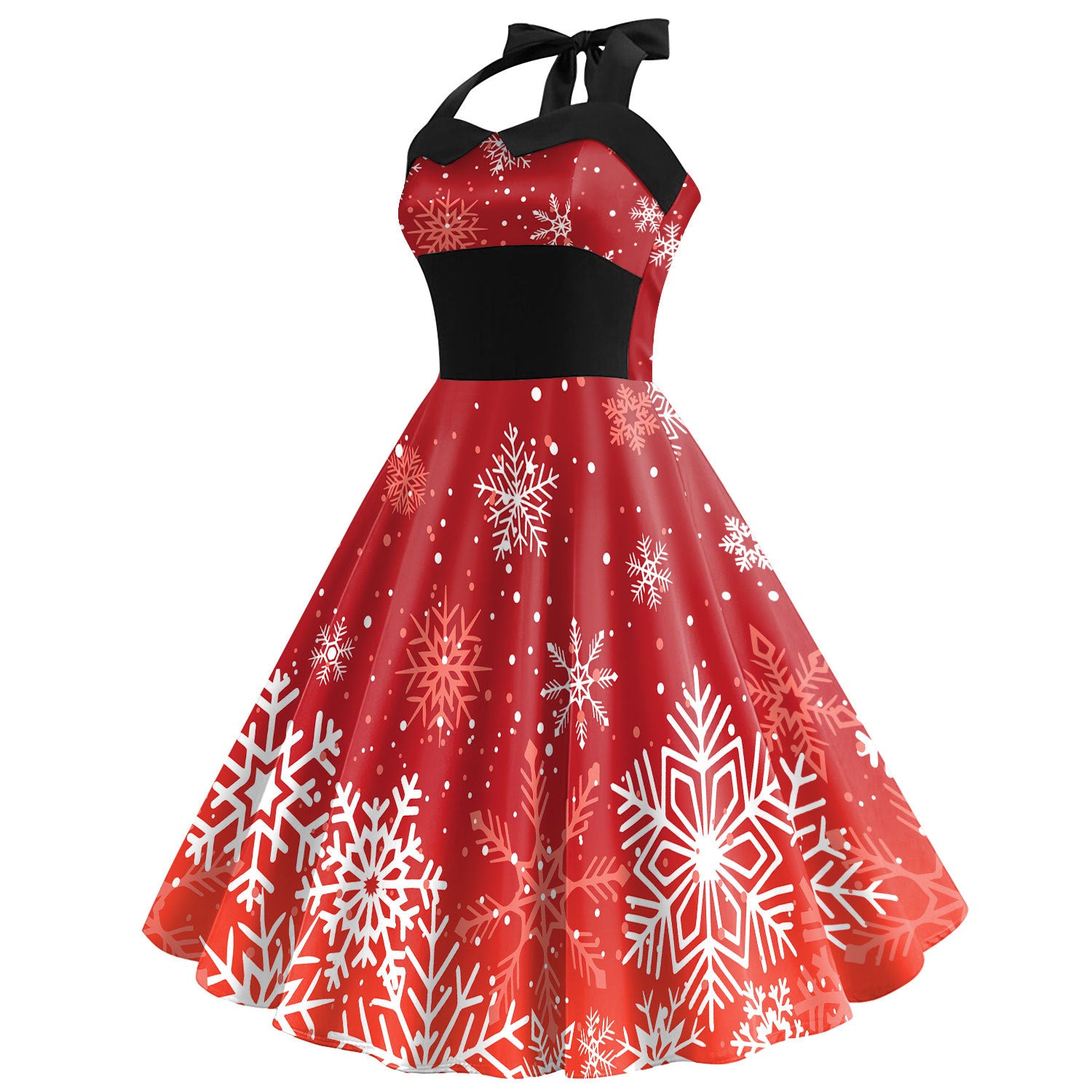 Christmas Black 1950s Snowflake Print Halter Swing Dress - Ciclove
