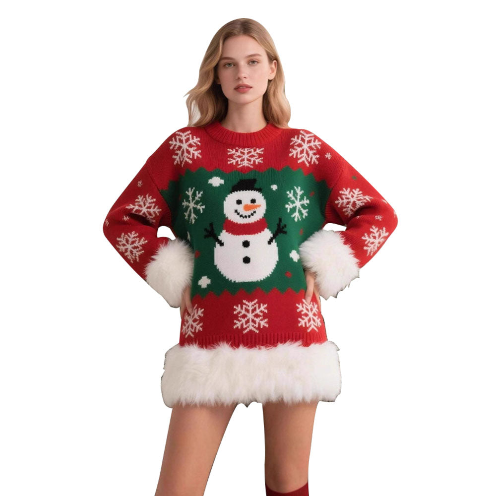 1950s Ugly Christmas Sweaters Snowman Raw Hem Pullover Sweater - Ciclove