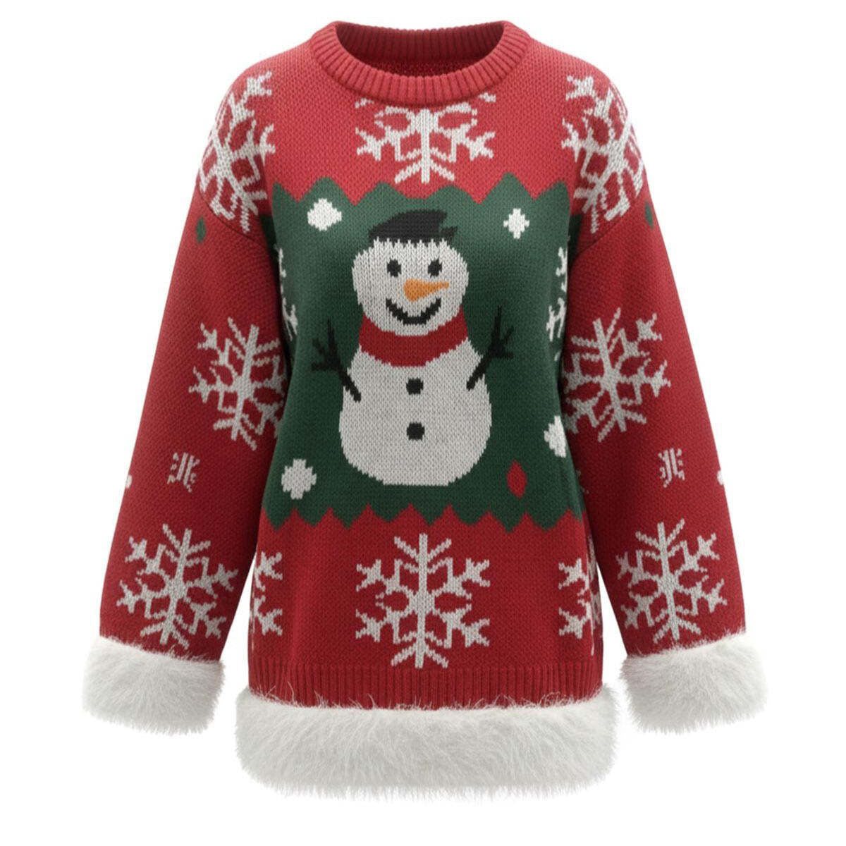 1950s Ugly Christmas Sweaters Snowman Raw Hem Pullover Sweater - Ciclove