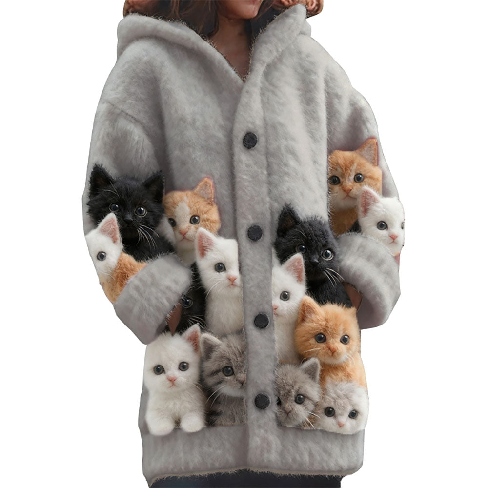 Women's Christmas Probe Cat Fleece Hooded Cardigan Long Sweater - Ciclove