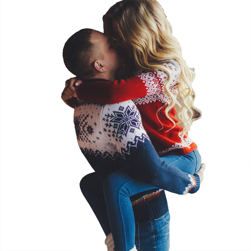 Couple Ugly Christmas Sweaters Loose Long Sleeve Printed Turtleneck Tops - Ciclove