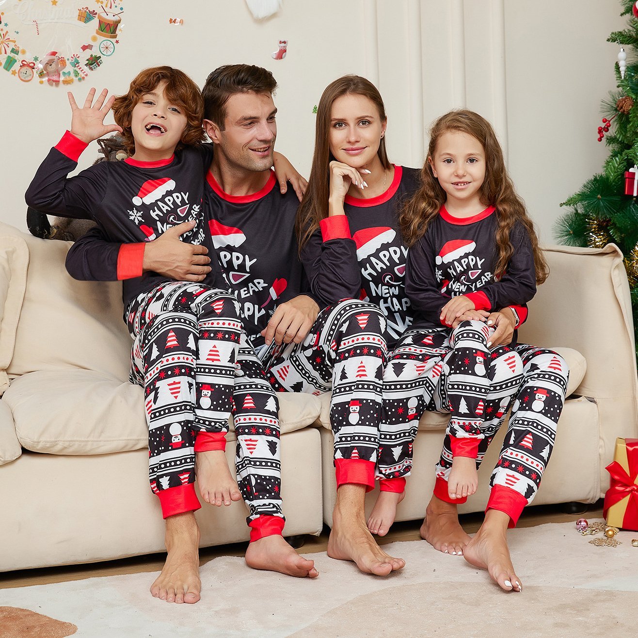 BuyChristmas Hat Letter Crew Neck Print Family Couples Matching Pajamas Party Sets Now Cheaper With 3 - 5 Days Ship - PajamasBuy