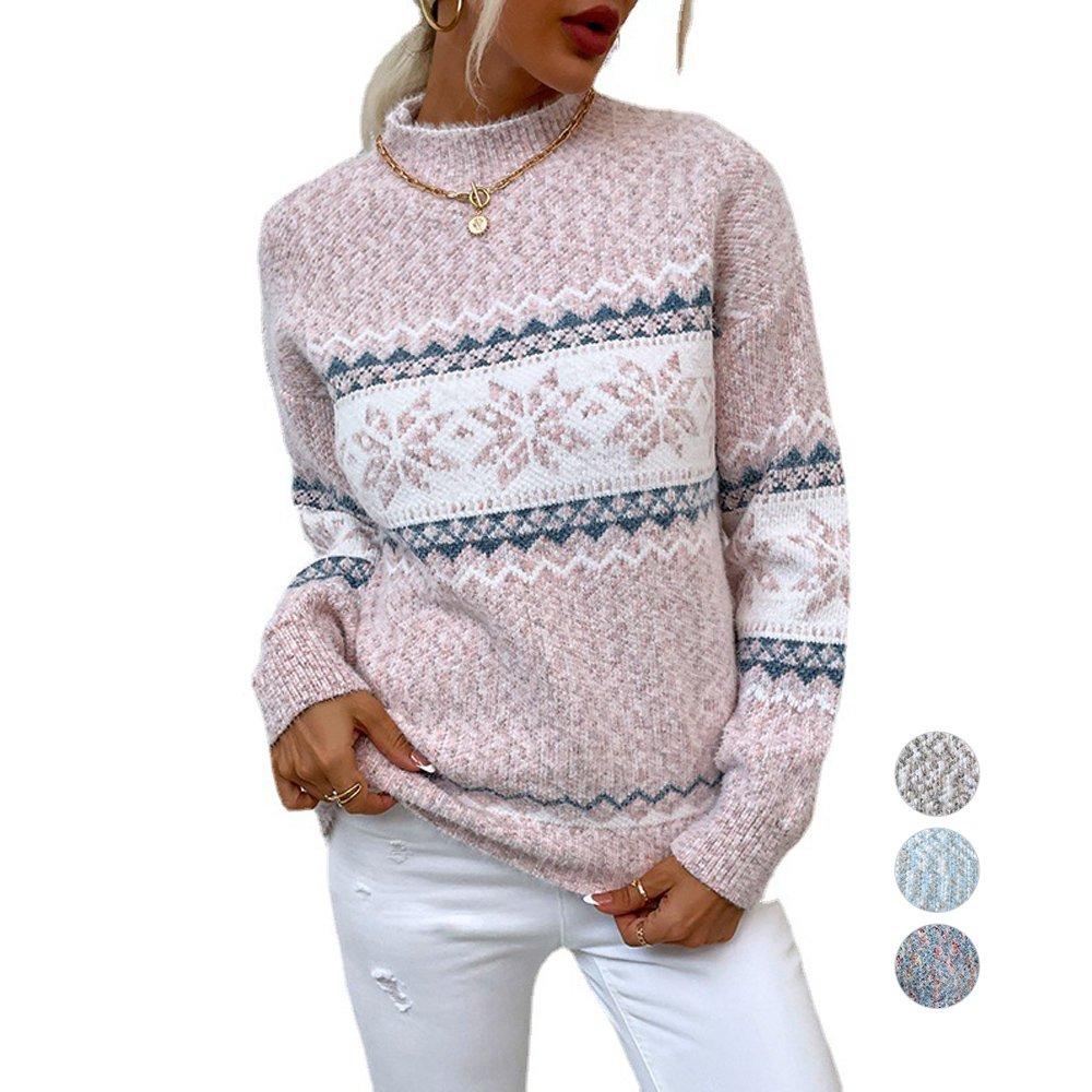 Women Ugly Christmas Sweaters Long Sleeves Knit Turtleneck Print Loose Pullover Tops - Ciclove