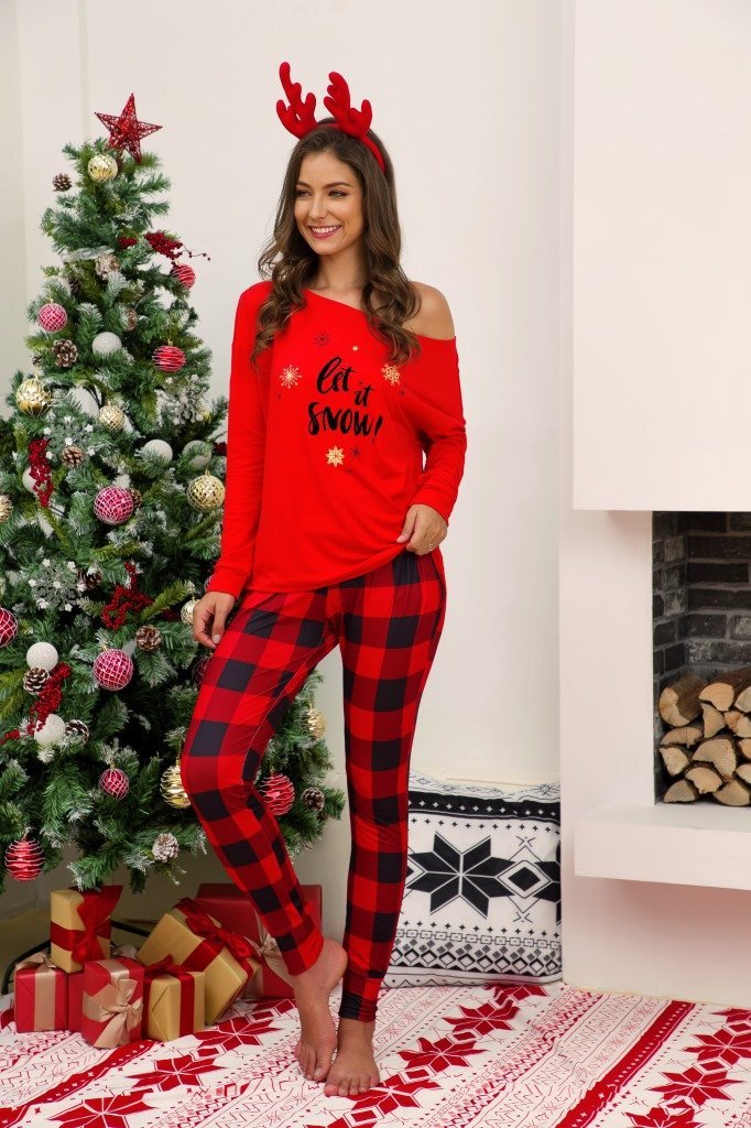 2022 Christmas Pajamas Printed Oblique Shoulder Tops Plaid Pants Casual Suit Women - Ciclove