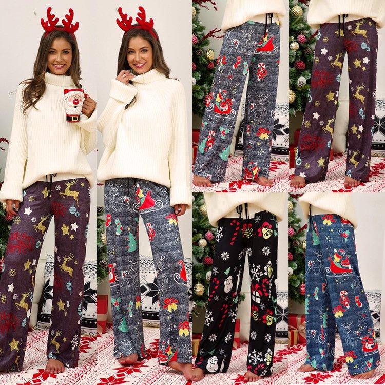 Christmas Costumes Women's Casual Print Belted High Waist Wide Leg Pants - Ciclove