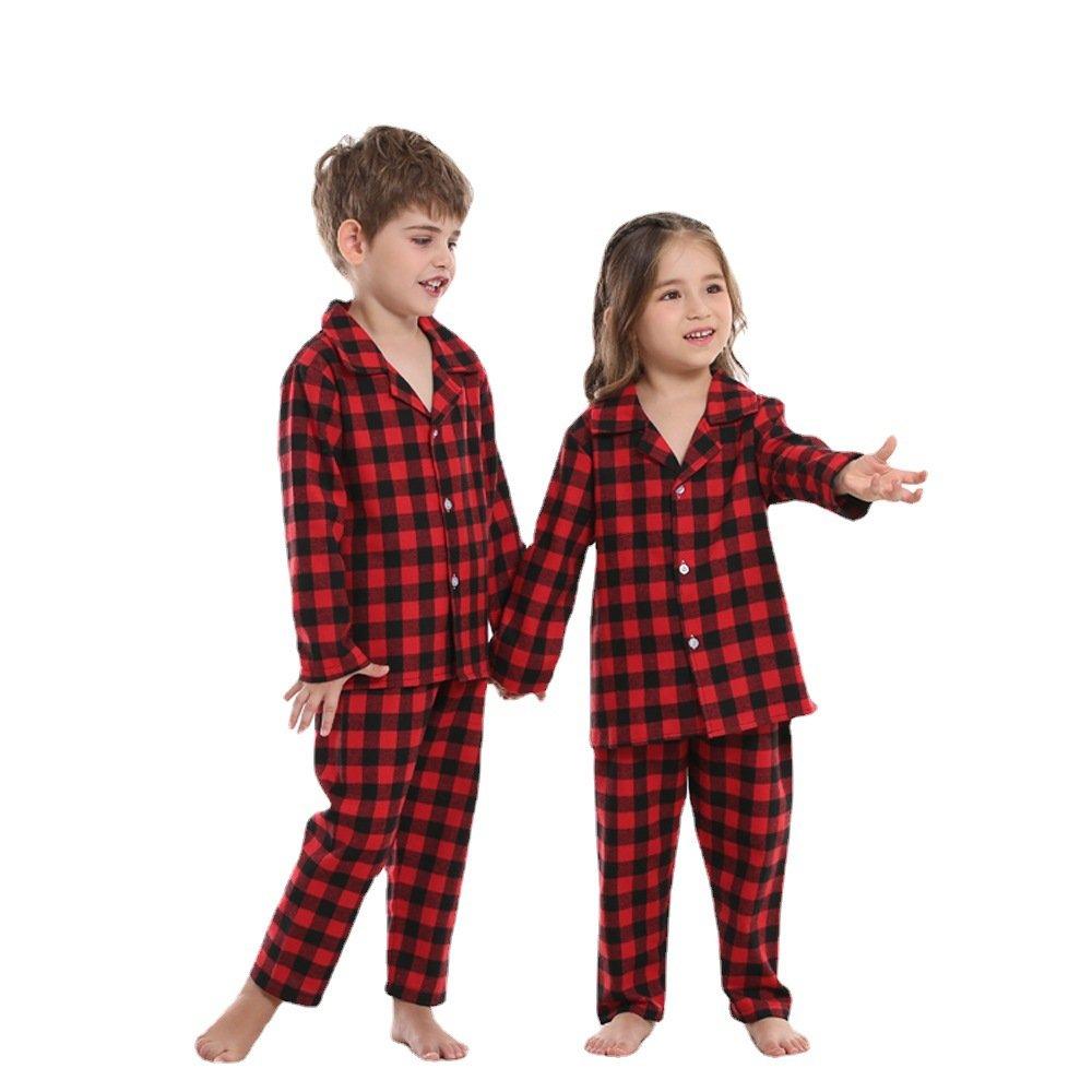 Christmas Two-piece Pajamas Brother Sister Hood Cotton Red and Black Plaid Design - Ciclove