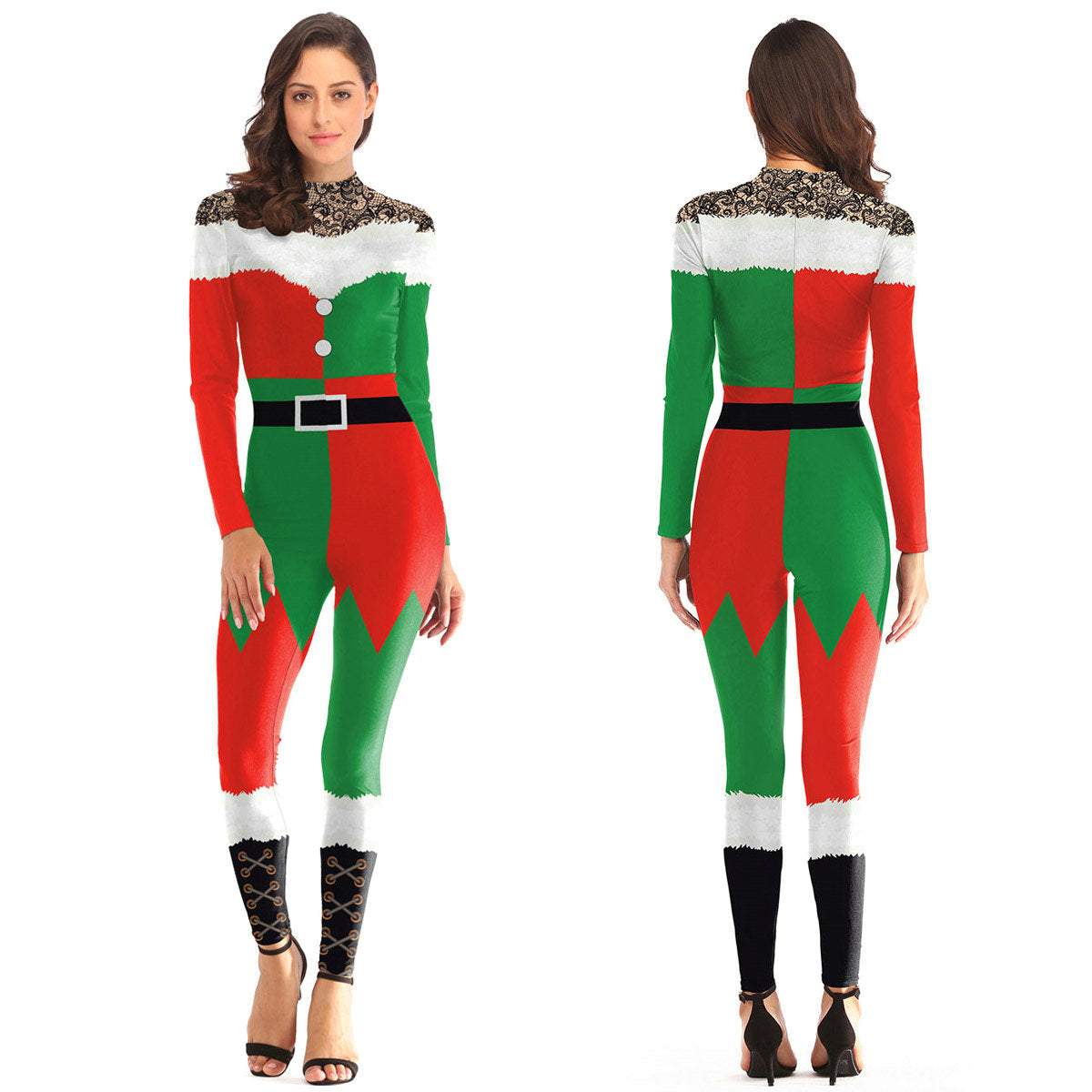 Women Christmas Santa Costume Party Digital Printed Bodysuit Jumpsuit - Ciclove