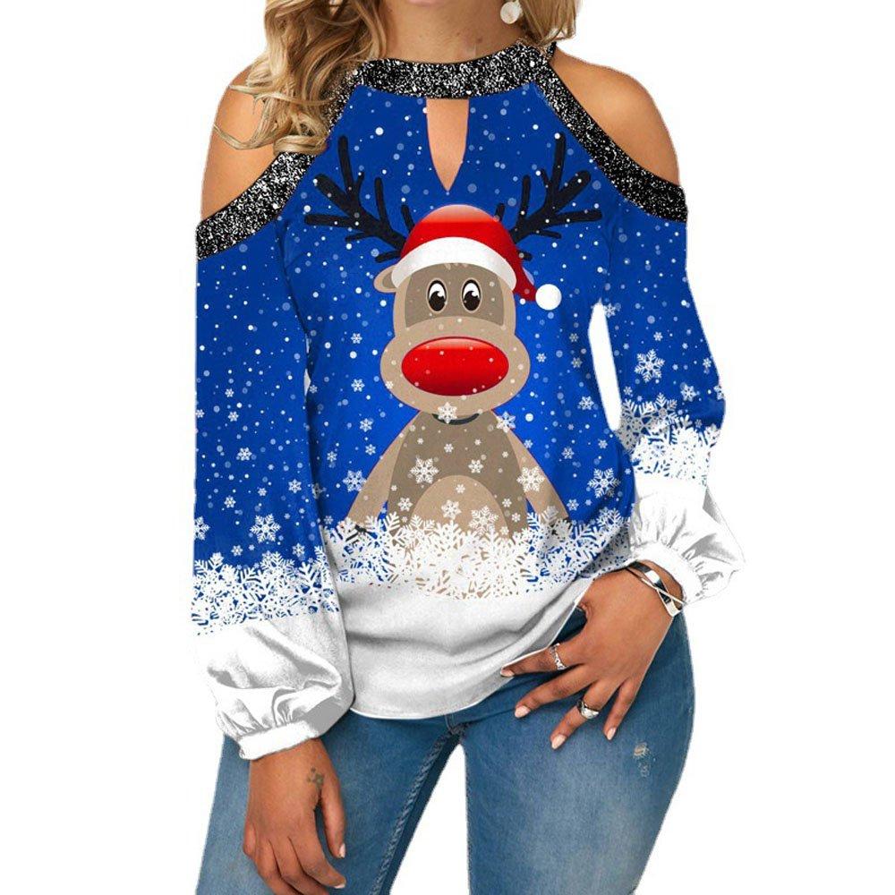 Christmas Women's Clothing Deer Print Sexy Off-shoulder Plus Size Blouse with Lantern Sleeves Sweatshirt - Ciclove