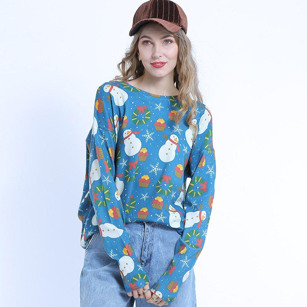 Women Ugly Christmas Sweaters Snowman Print Long Sleeve Pullover Loose Sweater - Ciclove