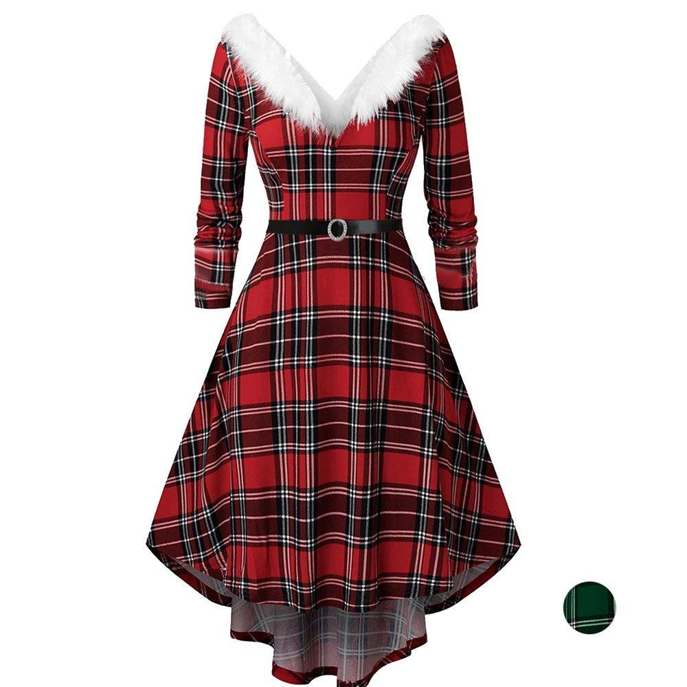 Women's Christmas Plus Size Swing Dress Furry V Neck Solid Elegant Gown - Ciclove