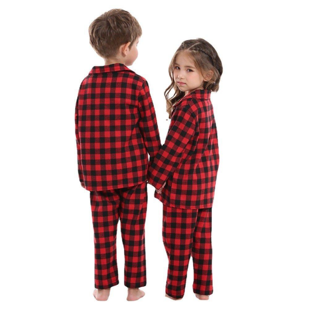 Christmas Two-piece Pajamas Brother Sister Hood Cotton Red and Black Plaid Design - Ciclove