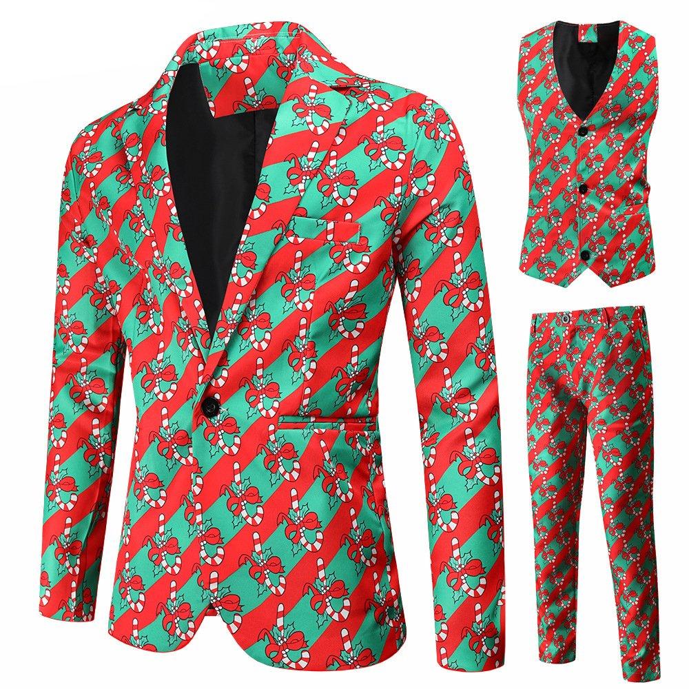 Christmas Men's Blazer Suit Red and Green Printed Suit Trousers Vest Suit