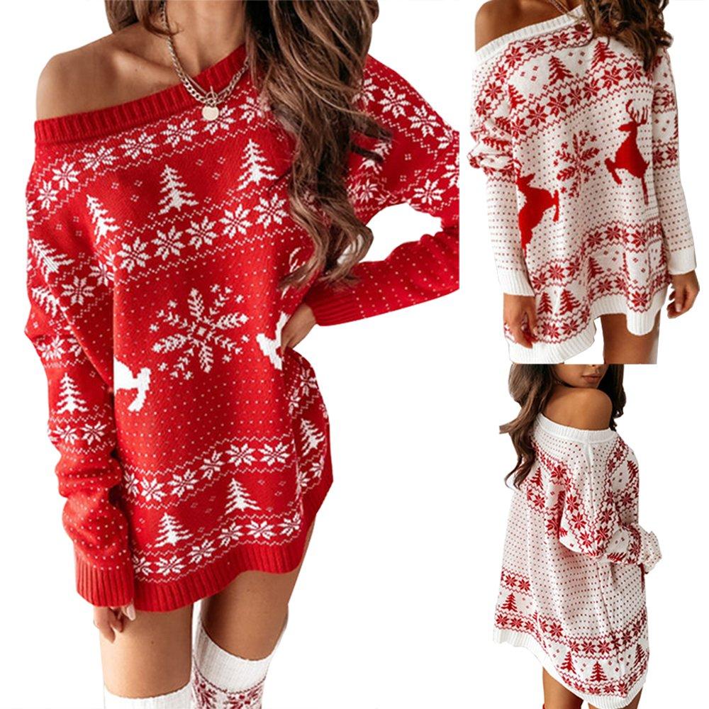 Women Ugly Christmas Dress Jacquard Loose Knit Long Sleeve Dress - Ciclove