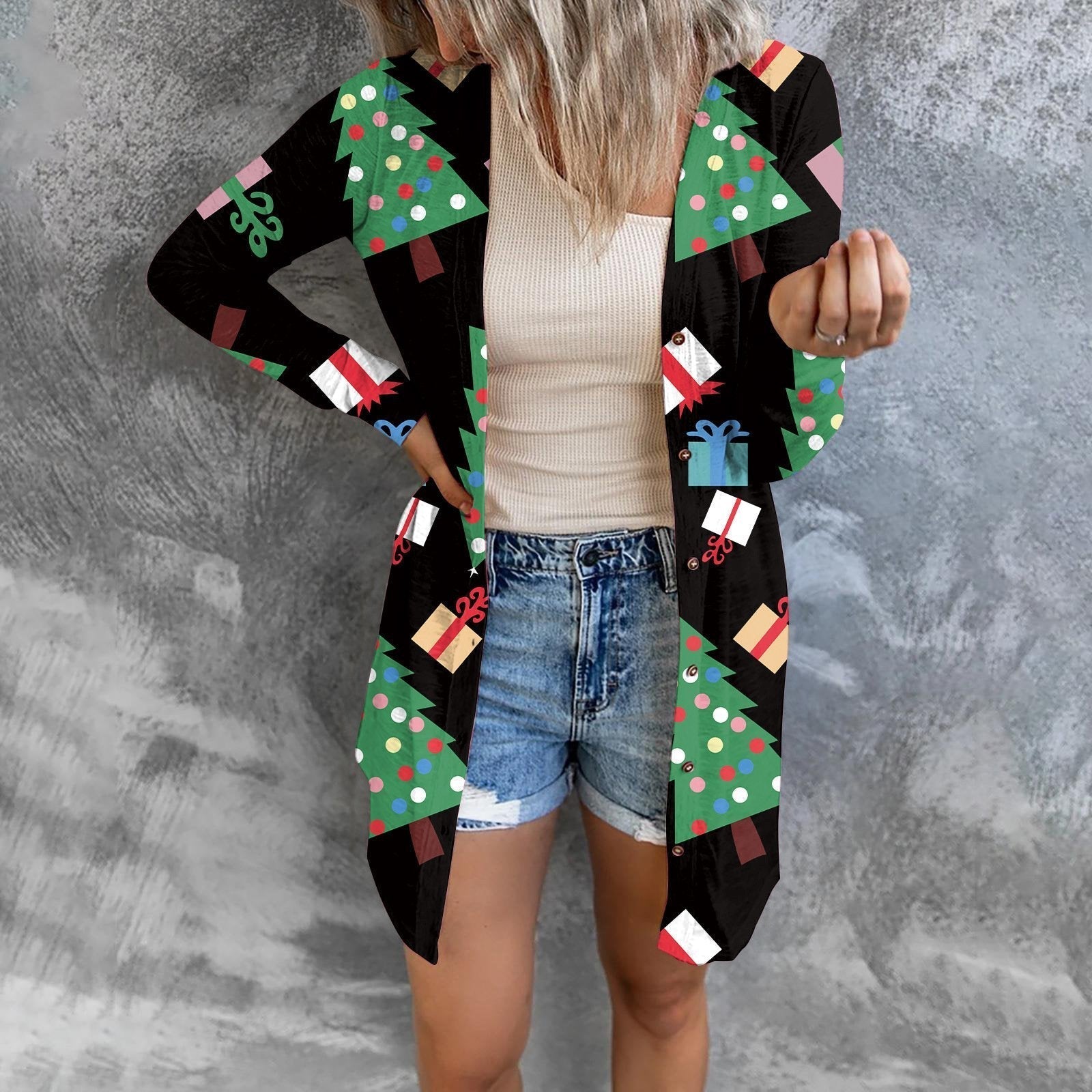 Christmas Print Fashion Button Long-sleeved Button Cardigan Women - Ciclove
