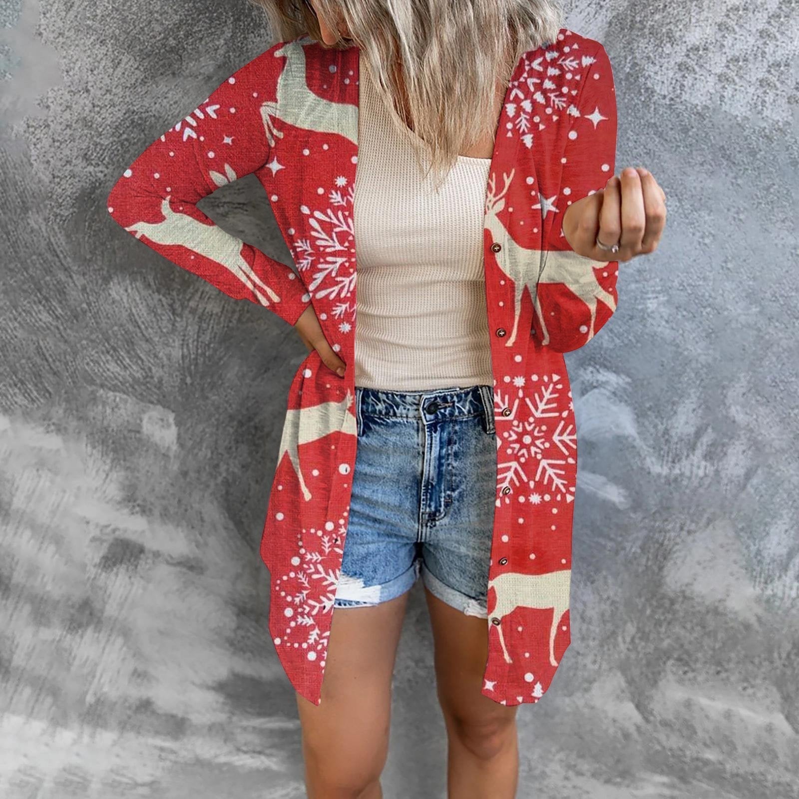 Christmas Print Fashion Button Long-sleeved Button Cardigan Women - Ciclove