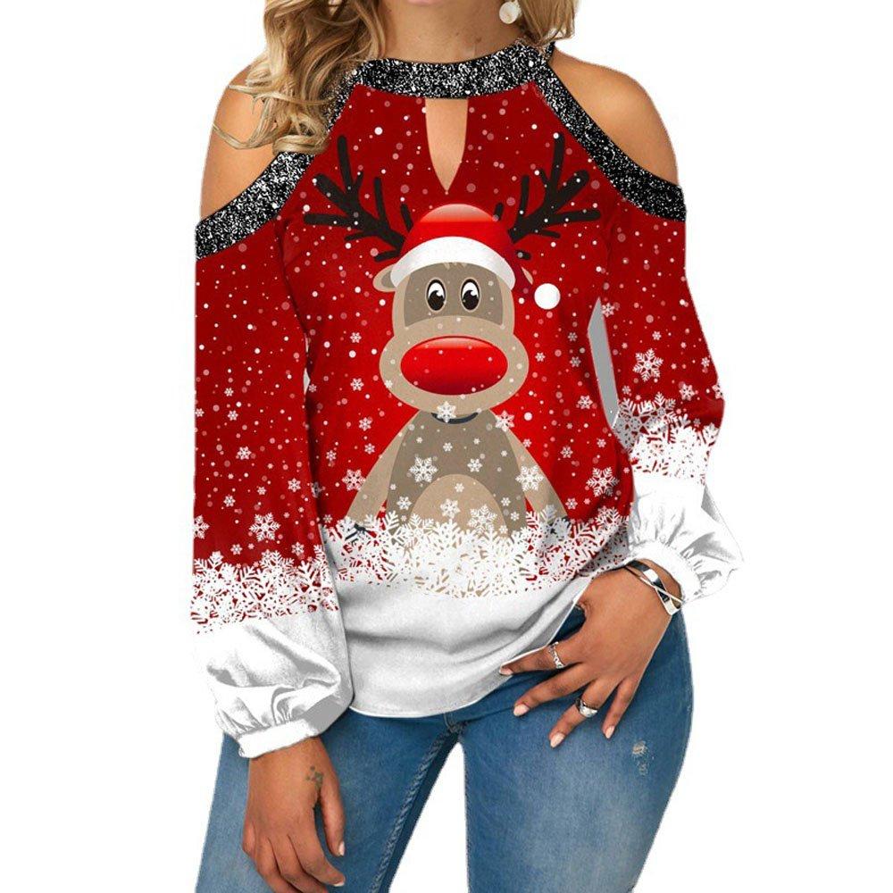 Christmas Women's Clothing Deer Print Sexy Off-shoulder Plus Size Blouse with Lantern Sleeves Sweatshirt - Ciclove