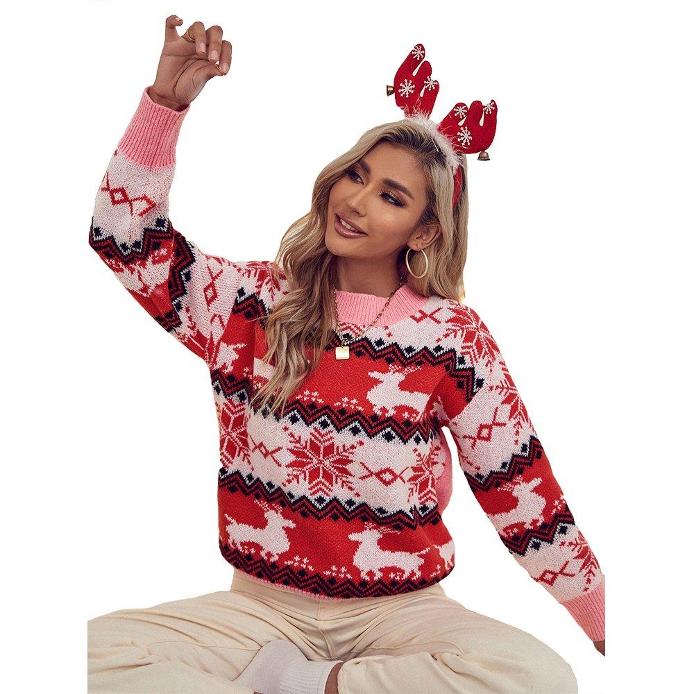 Women Ugly Christmas Sweaters Pink Round Neck Pullover Print Street Hipster Tops - Ciclove
