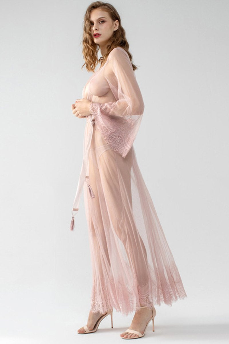 See-through Mesh Maxi Robe Women Lingerie Set