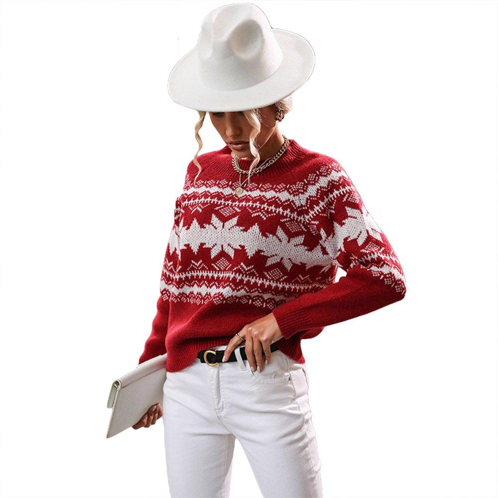 Women Ugly Christmas Sweaters Round Neck Red Knitted Christmas Snowflake Top - Ciclove