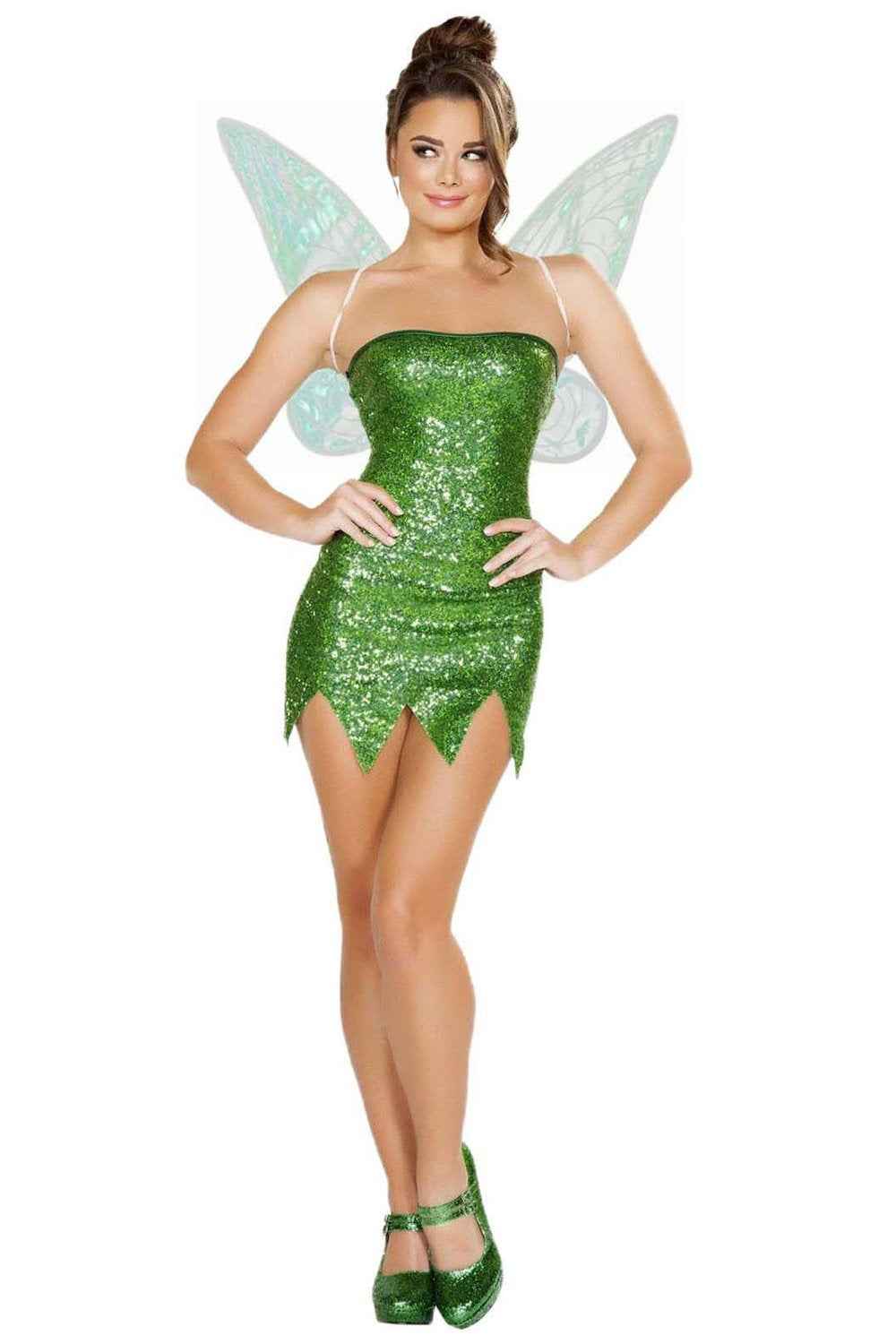 Mischievous Fairy Tinkerbell Costume Green Sequin For Adult