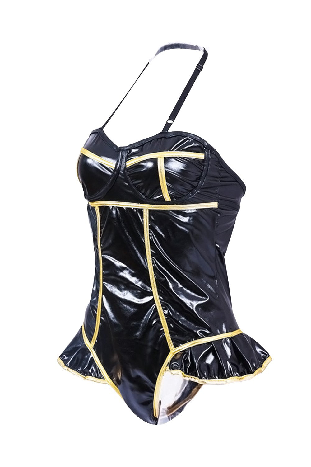 Black Halter Ruffled Patent Leather Jumpsuit
