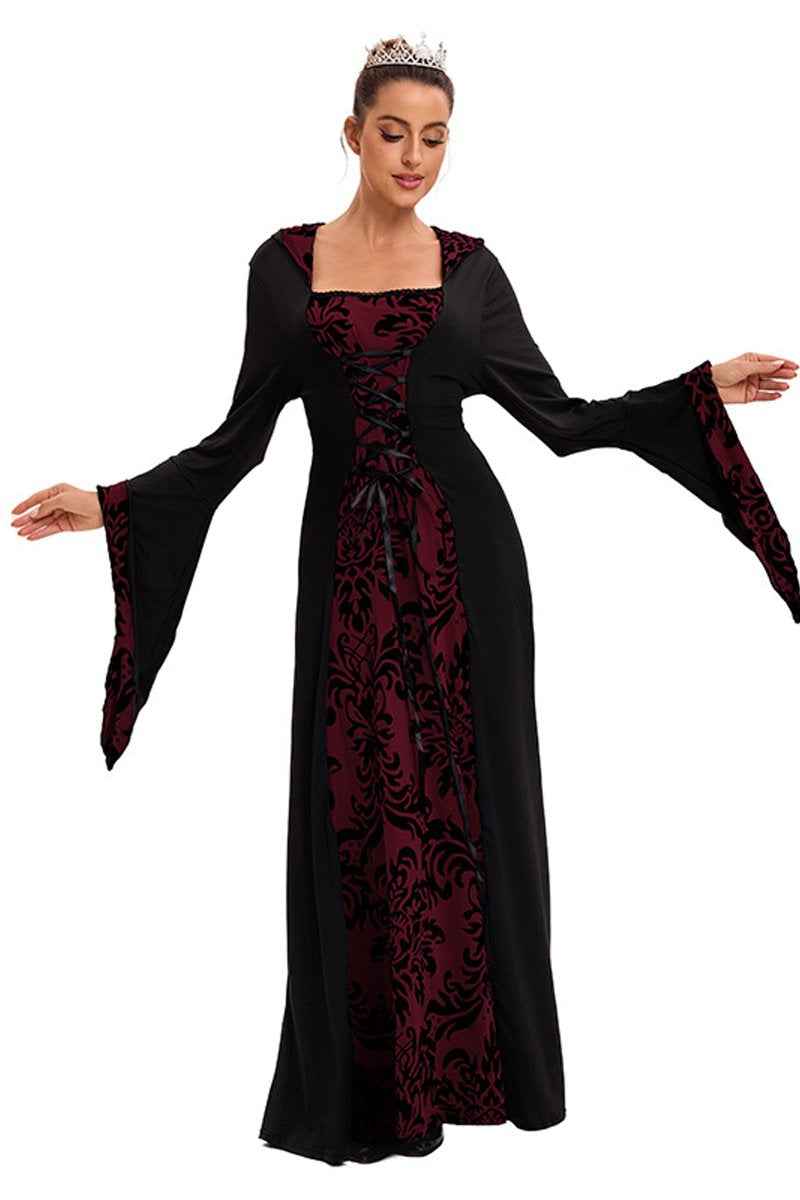 Medieval Hooded Swing Dress Costume Printed Retro Long Sleeves