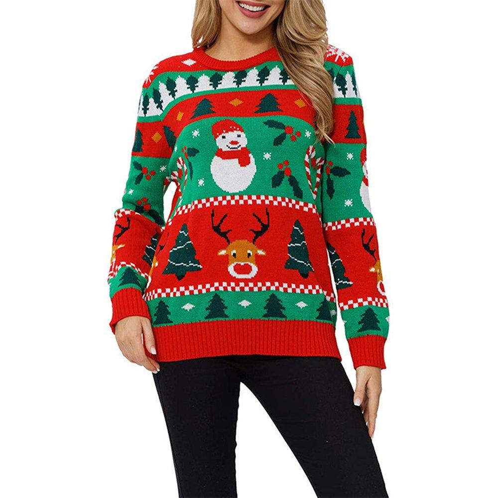 Christmas Tree Snowman Loose Round Neck Women Ugly Christmas Sweaters - Ciclove