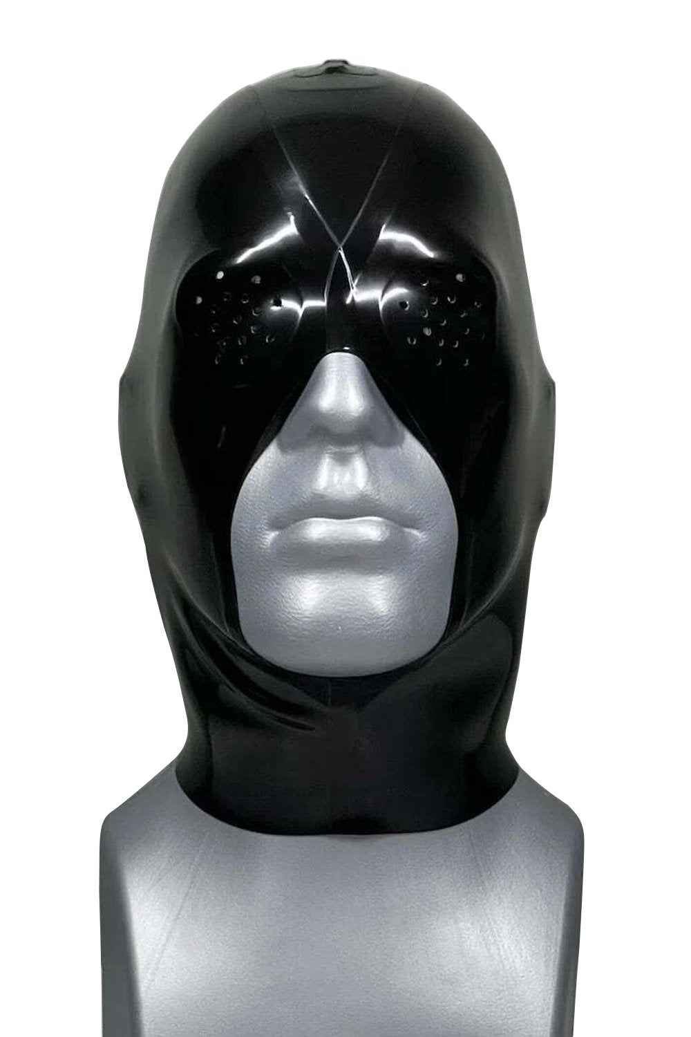 Black Latex Hood With Perforated Facial Features