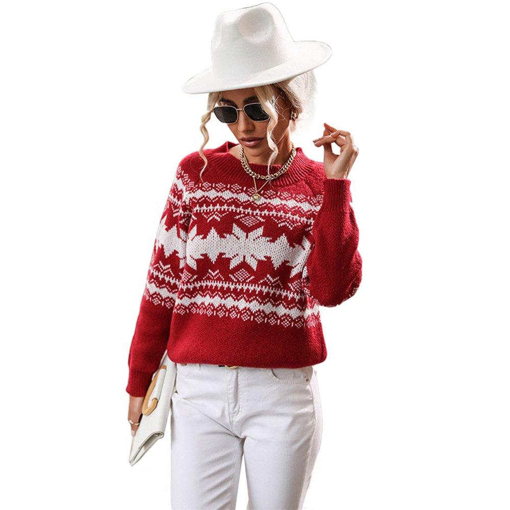 Women Ugly Christmas Sweaters Round Neck Red Knitted Christmas Snowflake Top - Ciclove