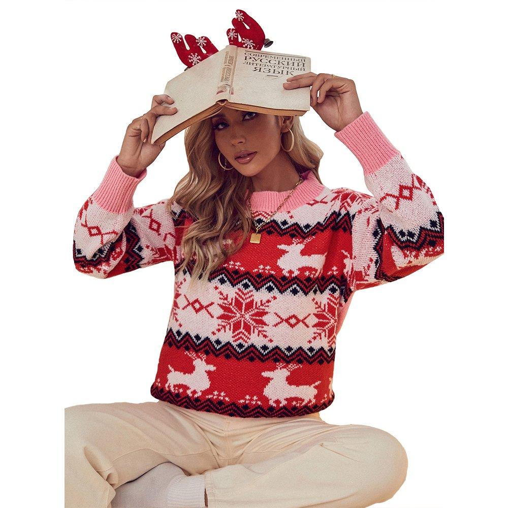 Women Ugly Christmas Sweaters Pink Round Neck Pullover Print Street Hipster Tops - Ciclove
