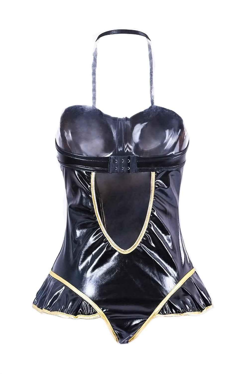 Black Halter Ruffled Patent Leather Jumpsuit