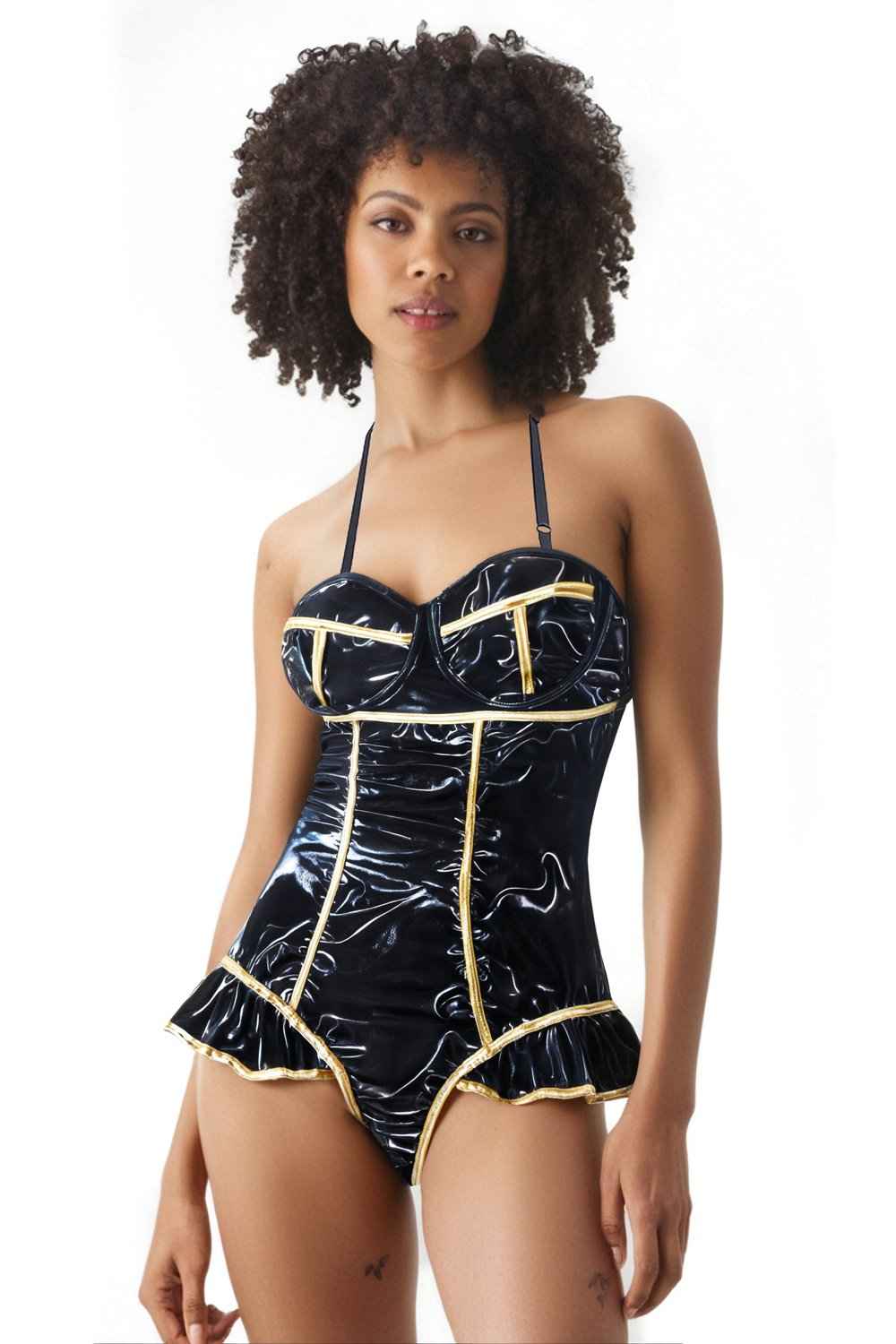 Black Halter Ruffled Patent Leather Jumpsuit