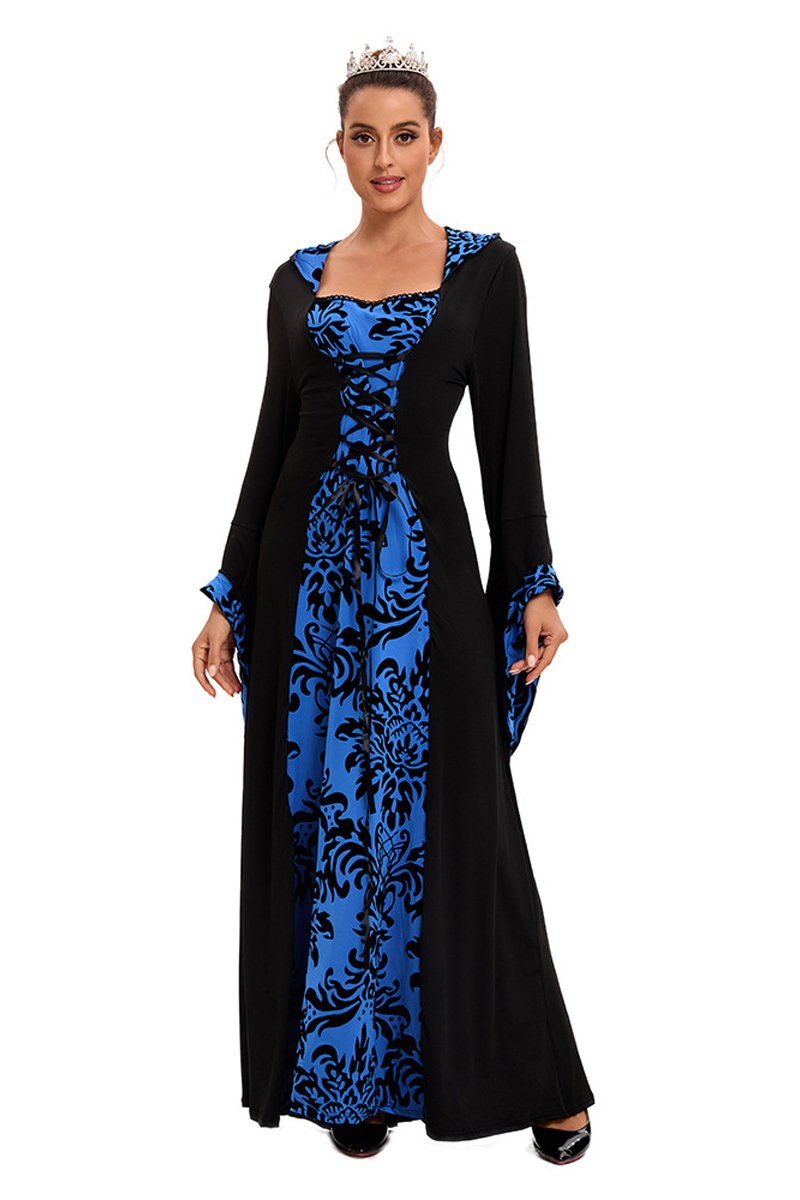 Medieval Hooded Swing Dress Costume Printed Retro Long Sleeves