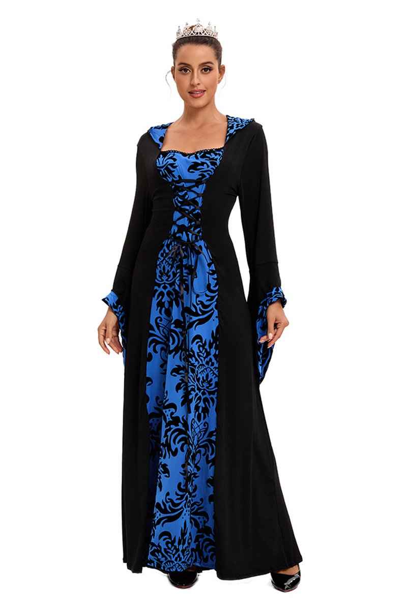 Medieval Hooded Swing Dress Costume Printed Retro Long Sleeves