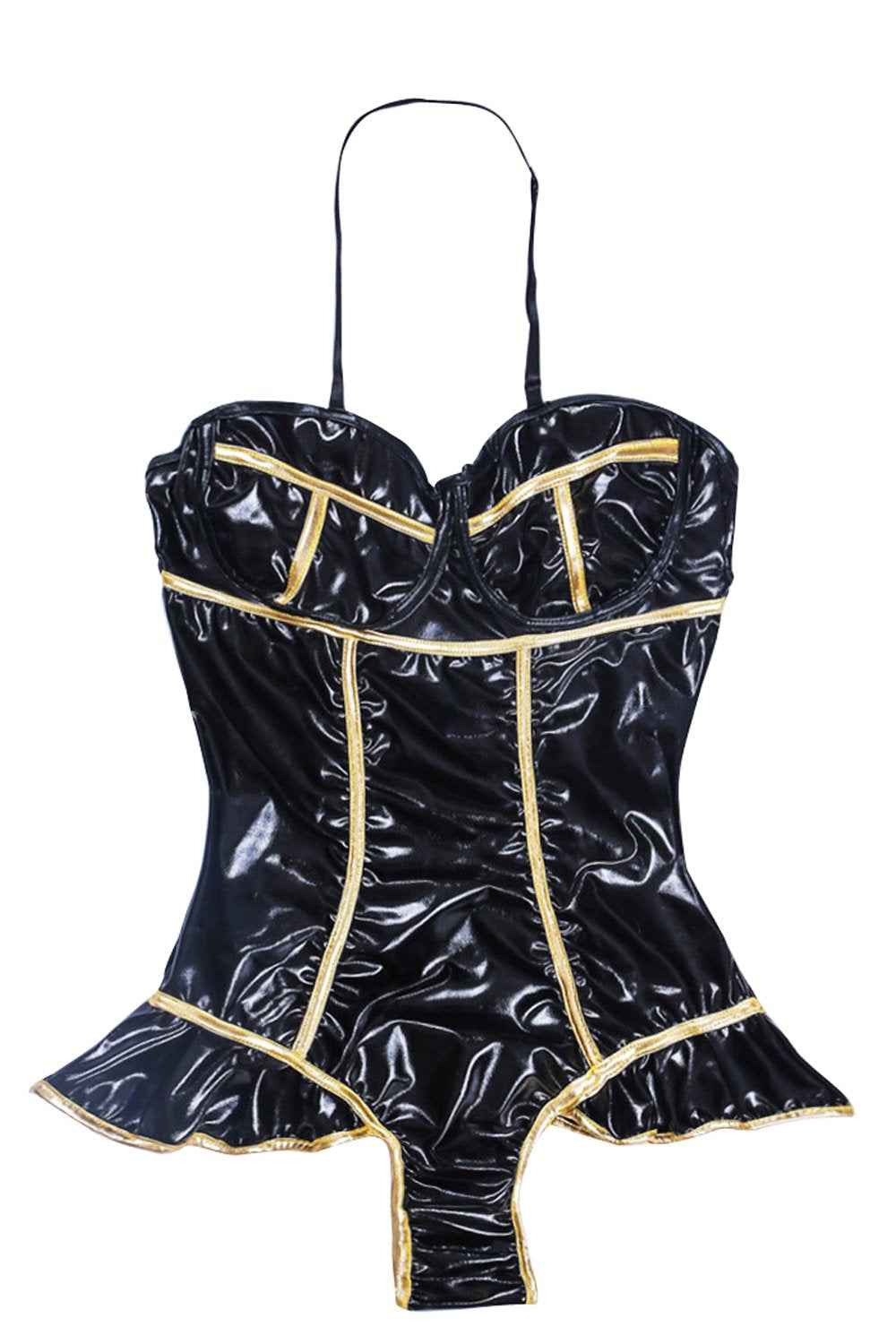Black Halter Ruffled Patent Leather Jumpsuit