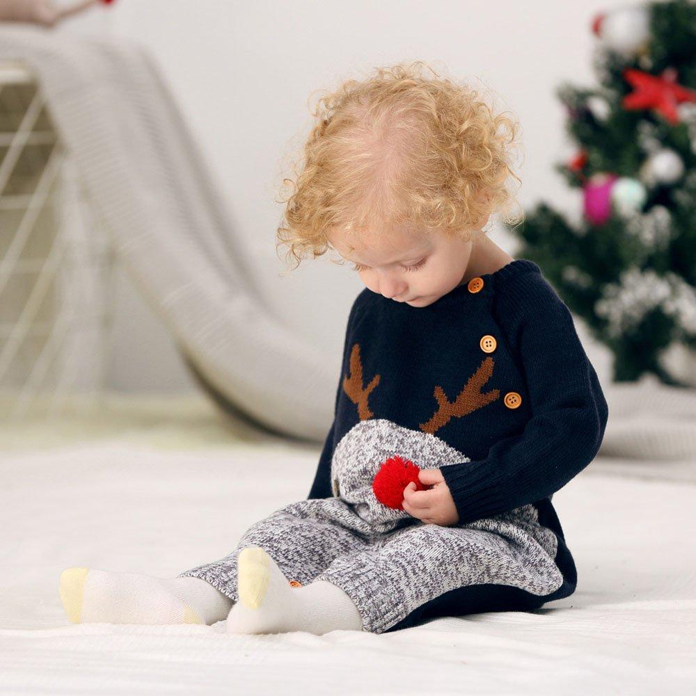 Christmas Outfit Knitted Reindeer Dark Blue Toddler Baby Sweater Jumpsuit - Ciclove